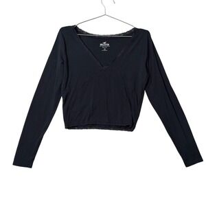 Hollister Baby Tee Womens Large Black Long Sleeve Lace Trim V-Neck Cropped Top